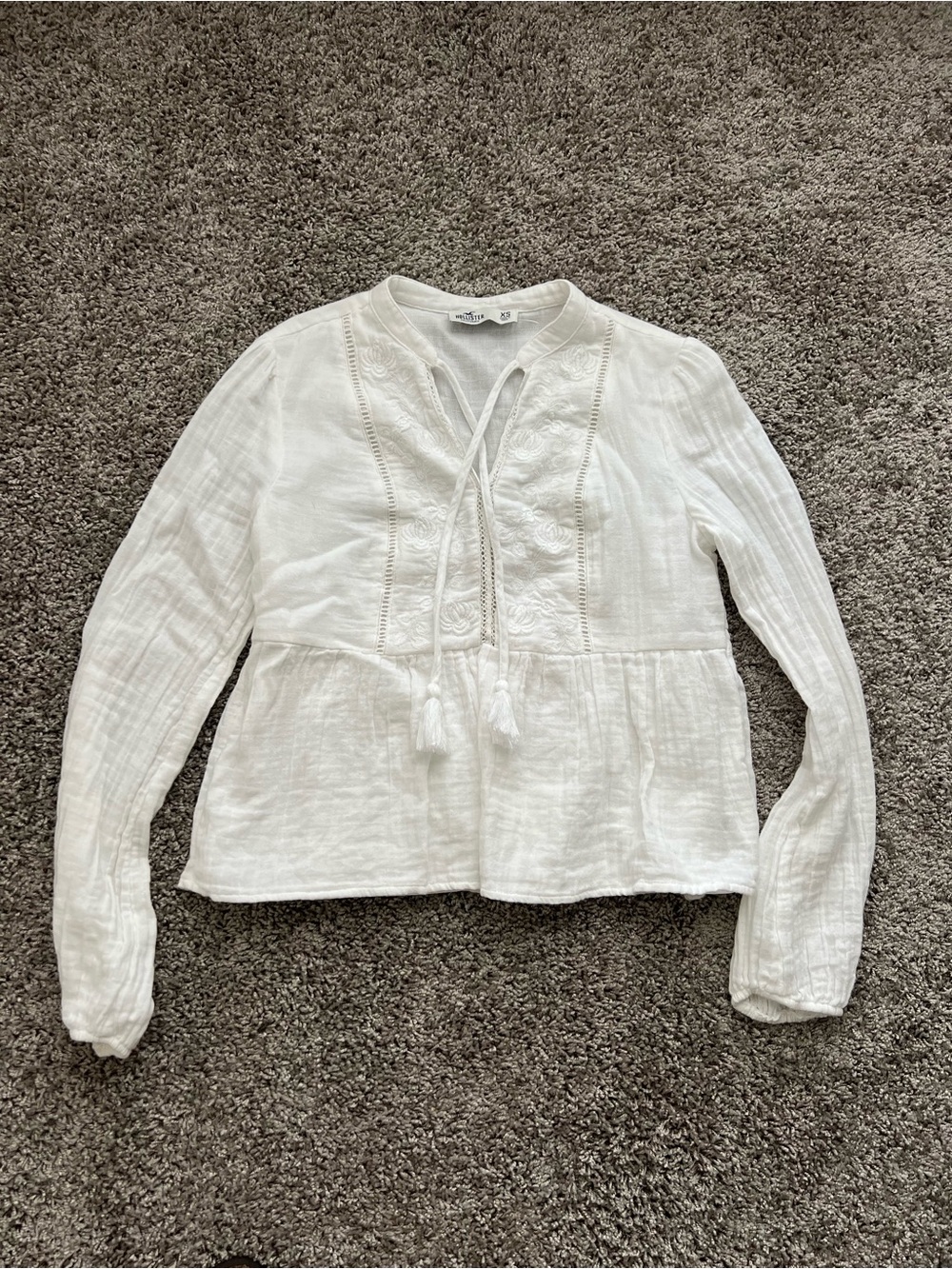 Hollister White Embroidered Tie-Front Peasant Blouse